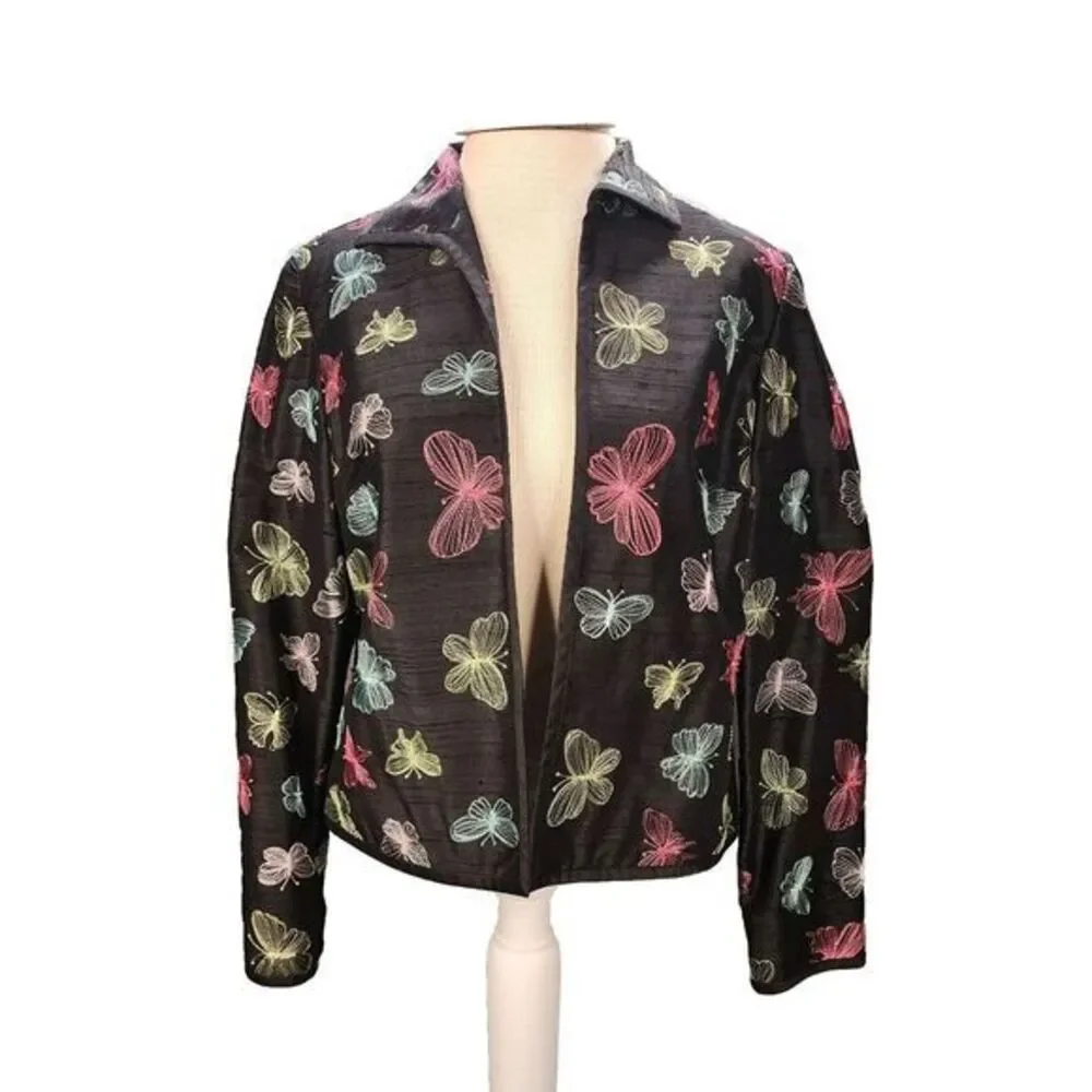 Peck and‎ Peck Vintage Black 100% Silk Open Jacket SZ 6 Embroidered Butterflies